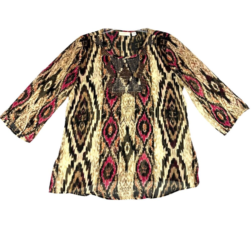 Chico's Top Women's 1 Small Brown Red Beaded Tribal Long Sleeve Boho Blouse Cute